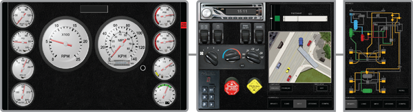 Close view of the VS600M truck simulator cabin and instrumentation